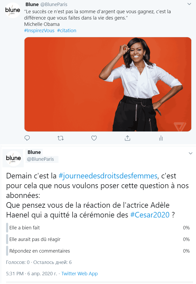 exemple d'une publication sur Twitter pour le Blune créé par un étudiant
