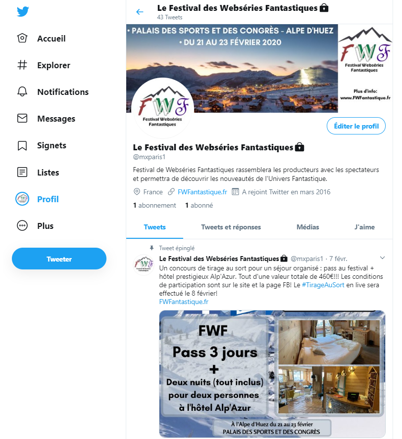 exemple d'un compte Twitter pour le Festival des Webséries Fantastiques  créé par un étudiant
