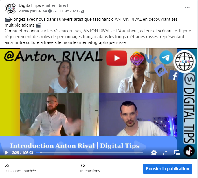 Screenshot du interview en direct avec Comédien Anton Rival